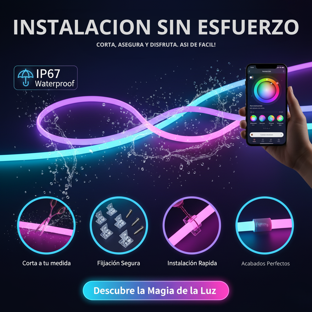 Tira LED RGB Inteligente – Neón Flexible Impermeable con APP y Control, 1M–5M