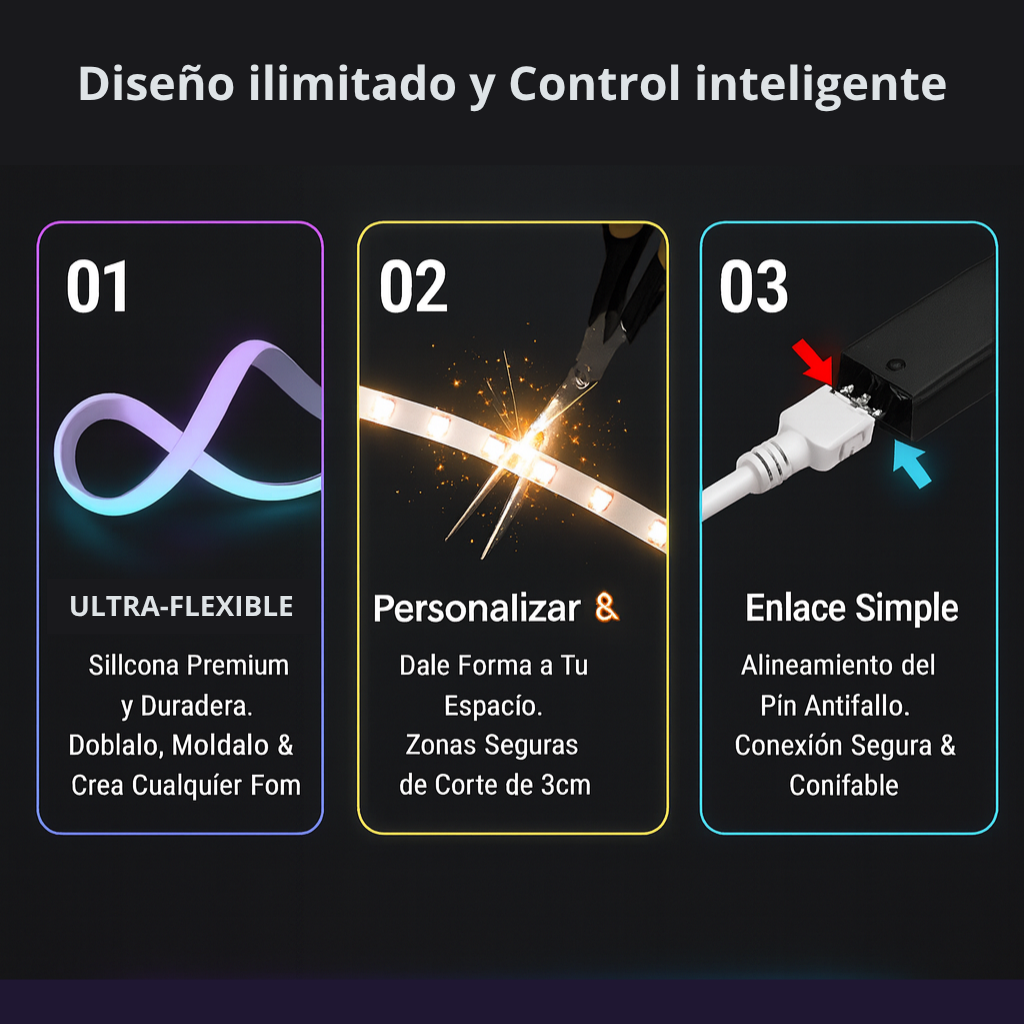 Tira LED RGB Inteligente – Neón Flexible Impermeable con APP y Control, 1M–5M