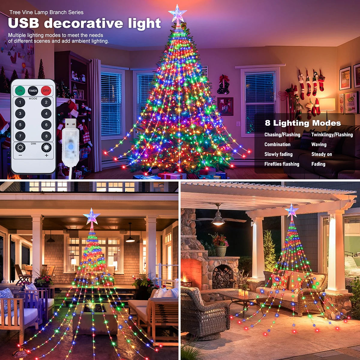 Luces LED Navideñas Impermeables 2/3M 💡 USB con 8 Modos ✨ Decoración para Árbol de Navidad, Jardín o Fiesta 🎅🎁